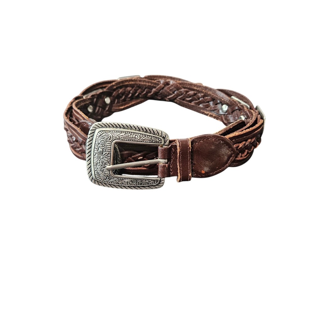 Brown Braided Genuine Leather Western Belt Silver Floral Conchos Buckle Women's - Picture 2 of 5